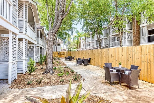 Outdoor space with seating areas and trees