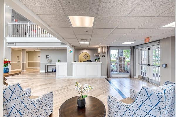 Bright lobby area of an assisted living facility