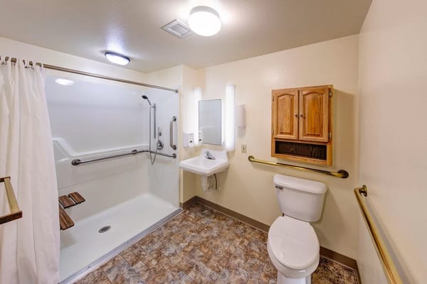 Accessible bathroom with safety features and sink