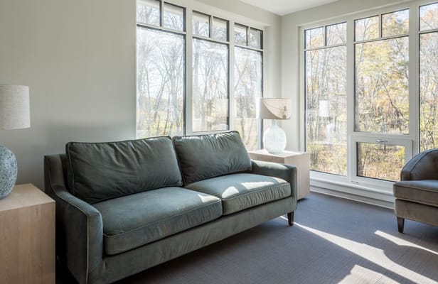 Cozy living room with a green sofa and large windows