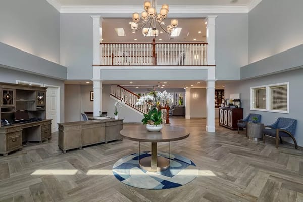 Bright and spacious lobby with seating and decor