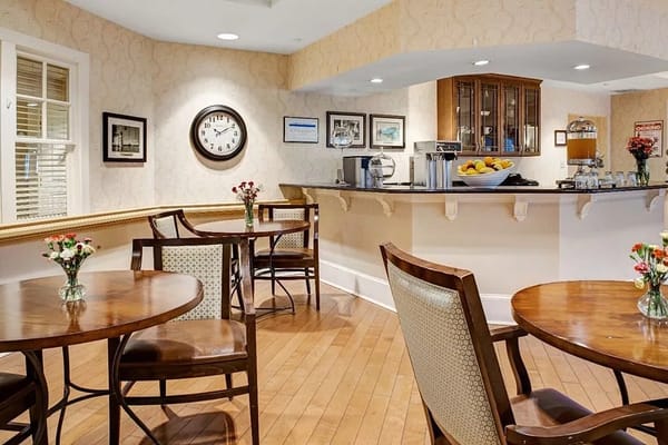 Interior dining area with tables and refreshments