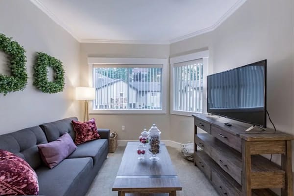 A cozy living room featuring a gray sofa, decorative pillows, and a television.