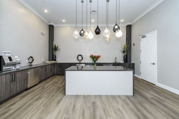 Bright, modern common area with a central island