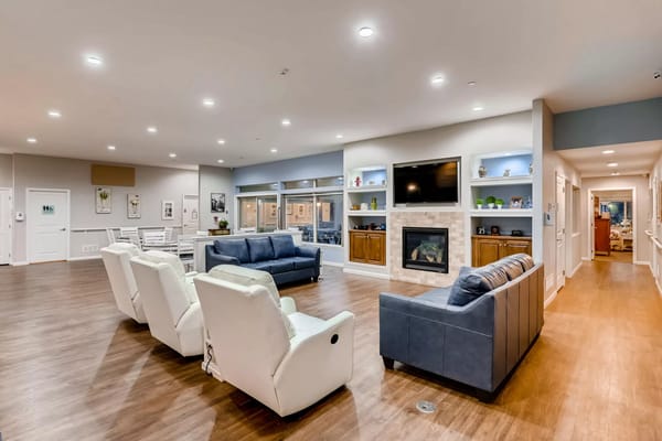 Interior common area with comfortable seating and fireplace