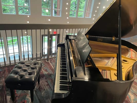 Interior view of a grand piano with large windows