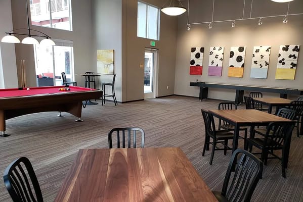 Interior view of a common area with pool table and seating