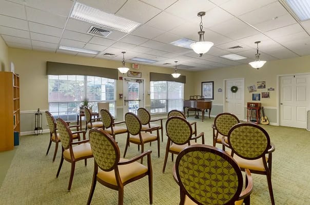 Common area with chairs set for an event