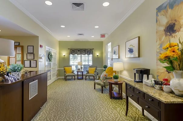 Bright interior common area with seating and decor