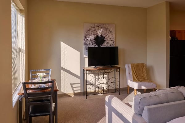 Living room with a table, chairs, and a TV in Silver Birch of Hammond
