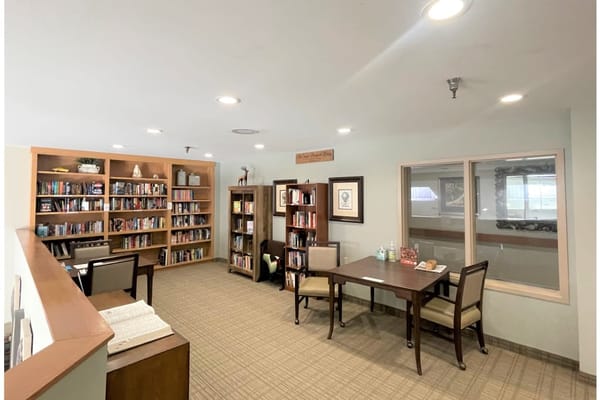 Welcoming library area with shelves of books