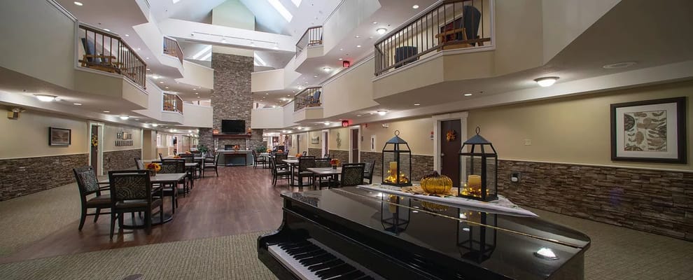 Interior view of a dining area with tables and decor