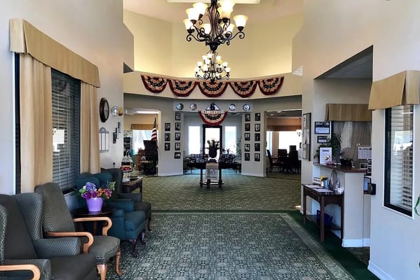 Spacious lobby with seating and decorative elements
