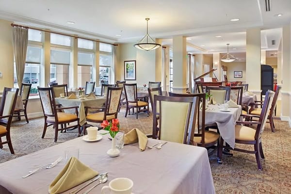 Well-set dining tables in a bright dining room