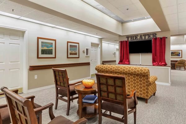 Cozy theater lounge with chairs and TV