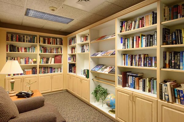 Cozy library area with shelves full of books