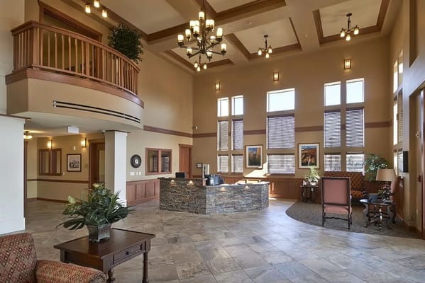 Bright and welcoming lobby area of a senior living facility