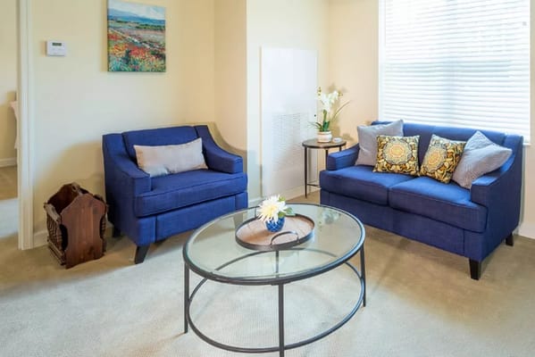 Comfortable living room with blue sofas and a glass coffee table
