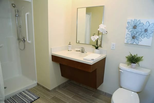 Spacious bathroom with a shower, sink, and decorative plants.