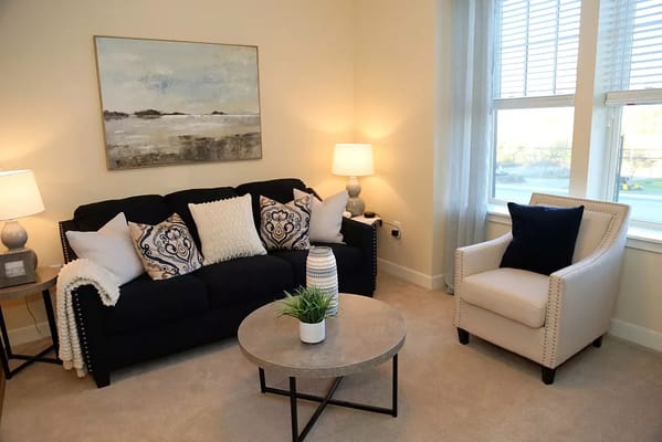 Comfortable living room with black couch and armchair