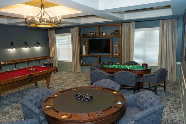 Interior lounge area with gaming tables