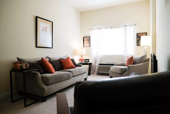 A cozy living room with a grey sofa, armchair, and decorative pillows.