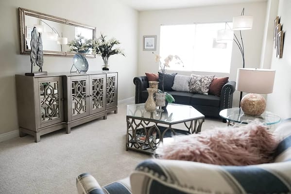 Stylish living room featuring a couch, decorative pillows, and a glass coffee table.