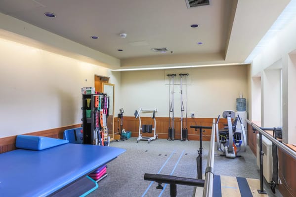 Rehabilitation gym with exercise equipment and therapy area