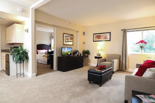 Interior view of a spacious assisted living apartment