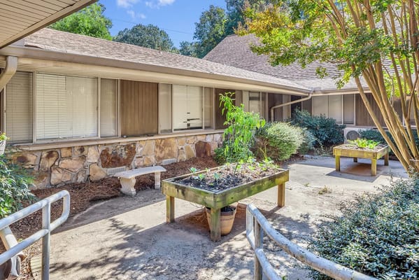 Outdoor garden area with planters and seating