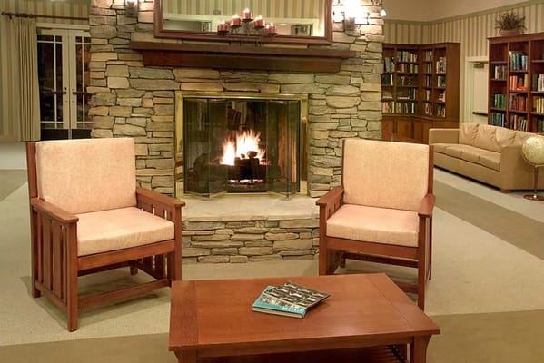 Comfortable seating area with a fireplace and bookshelf.