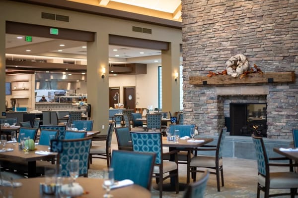 Modern dining area with stone fireplace and green chairs