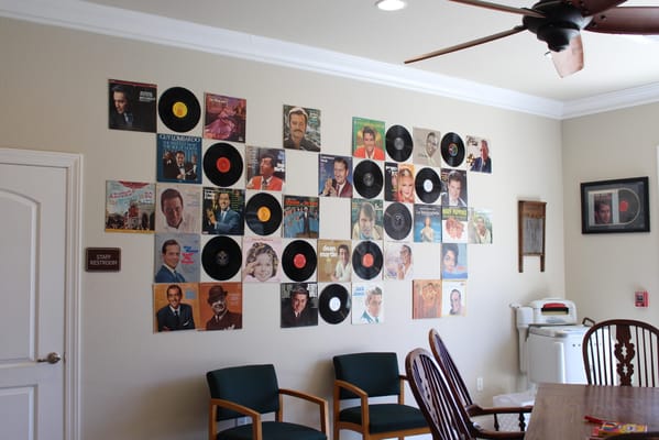 Interior wall decorated with vintage records