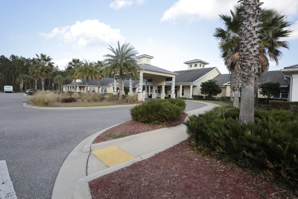 Entrance area of Benton House at Oakleaf with palm trees