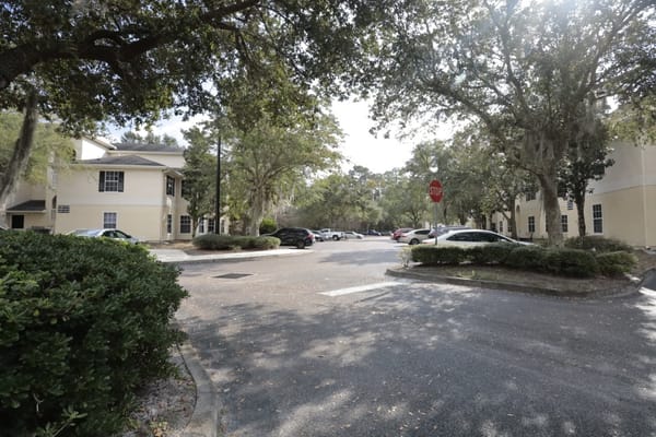 Exterior view of the facility with surrounding trees