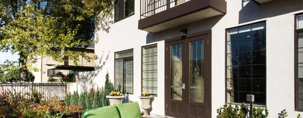 Outdoor patio area in front of the care facility