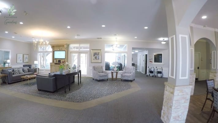 Interior view of a cozy common area with seating