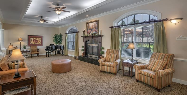 Interior view of a cozy common area with seating