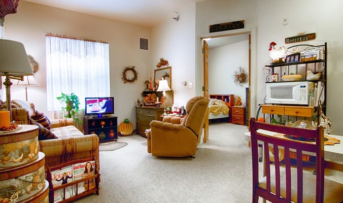 Cozy living room with a couch, TV, and decorative items.