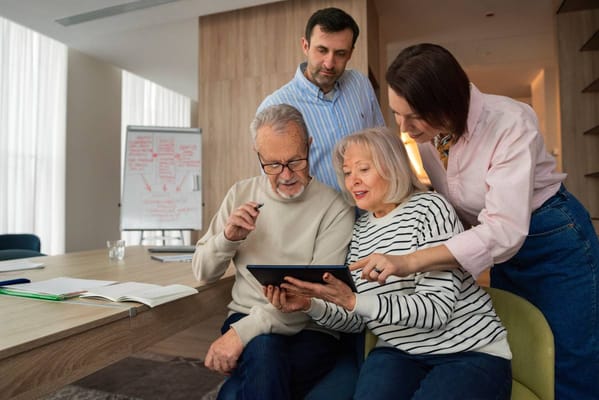 Residents and staff engaging with a tablet in a common area