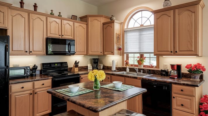 Bright kitchen area with wooden cabinets and flowers