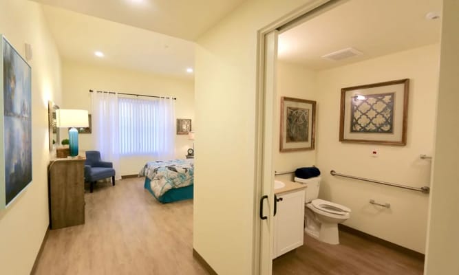 Interior view of a bedroom with bathroom