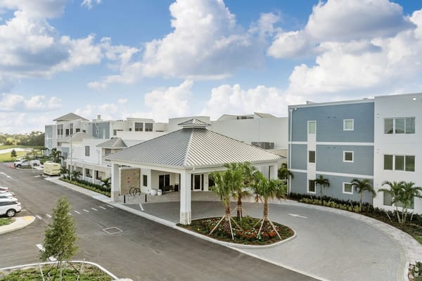 Exterior view of a modern assisted living facility