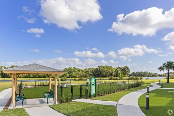 Walking path and gazebo in a landscaped area