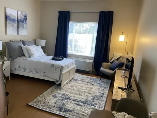 A cozy senior living room with a bed and seating area