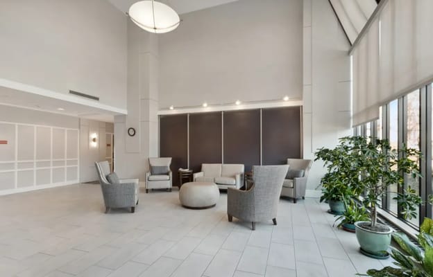 Bright and spacious common area with seating