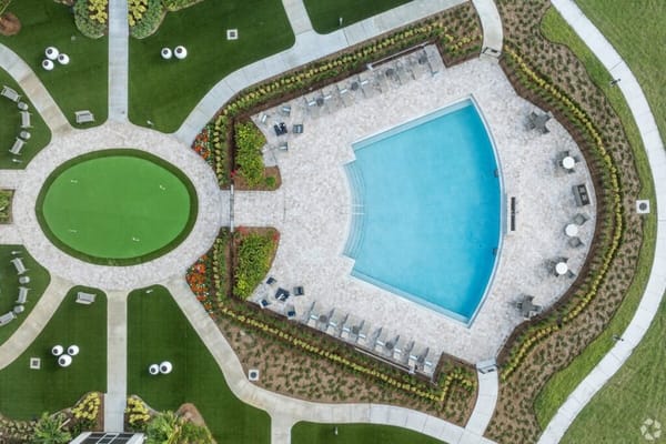 Aerial view of a pool area with landscaping