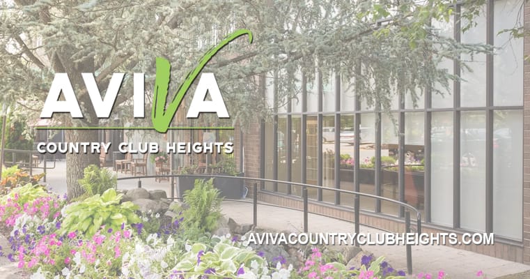 Logo of AVIVA Country Club Heights with floral landscaping