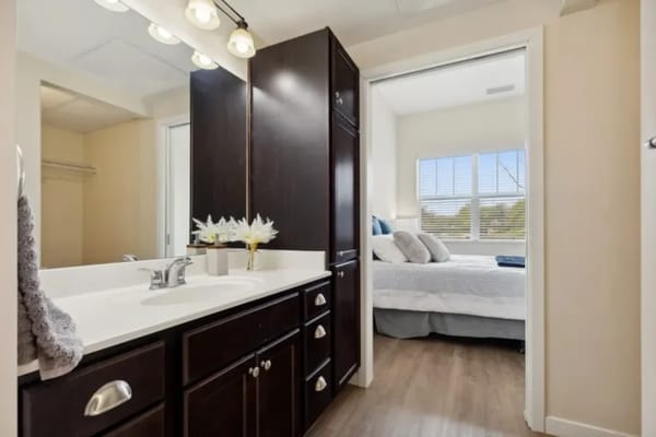 Brightly lit bathroom with modern fixtures