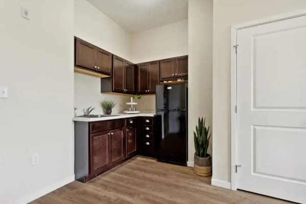 Well-equipped kitchen area in a senior living apartment